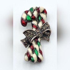 Vtg Judith Jack Sterling Silver Enamel 3 Candy Canes & Marcasite Bow Xmas Brooch